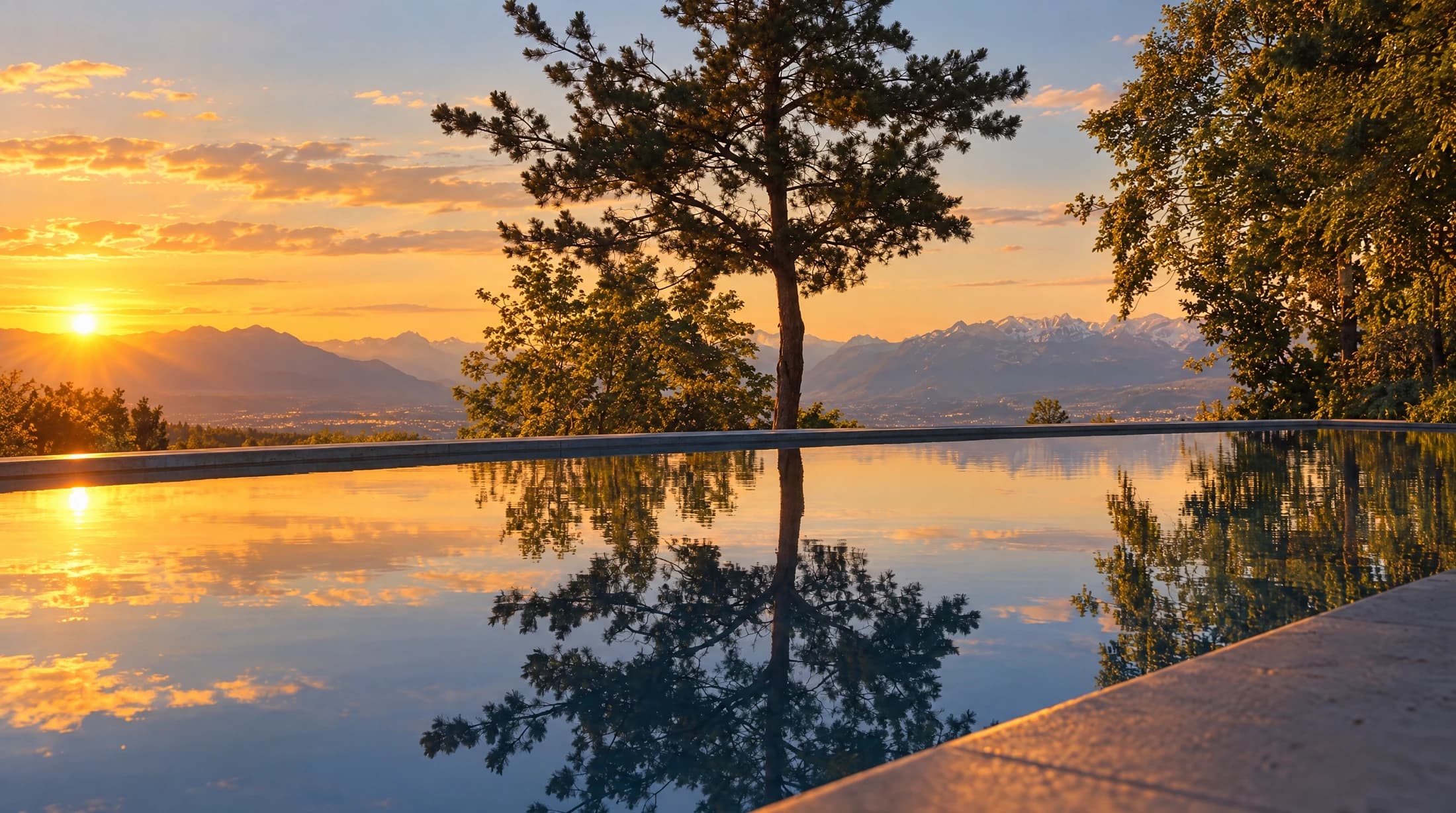 Infinity-Pool mit Kiefer und Bergblick bei Sonnenuntergang
