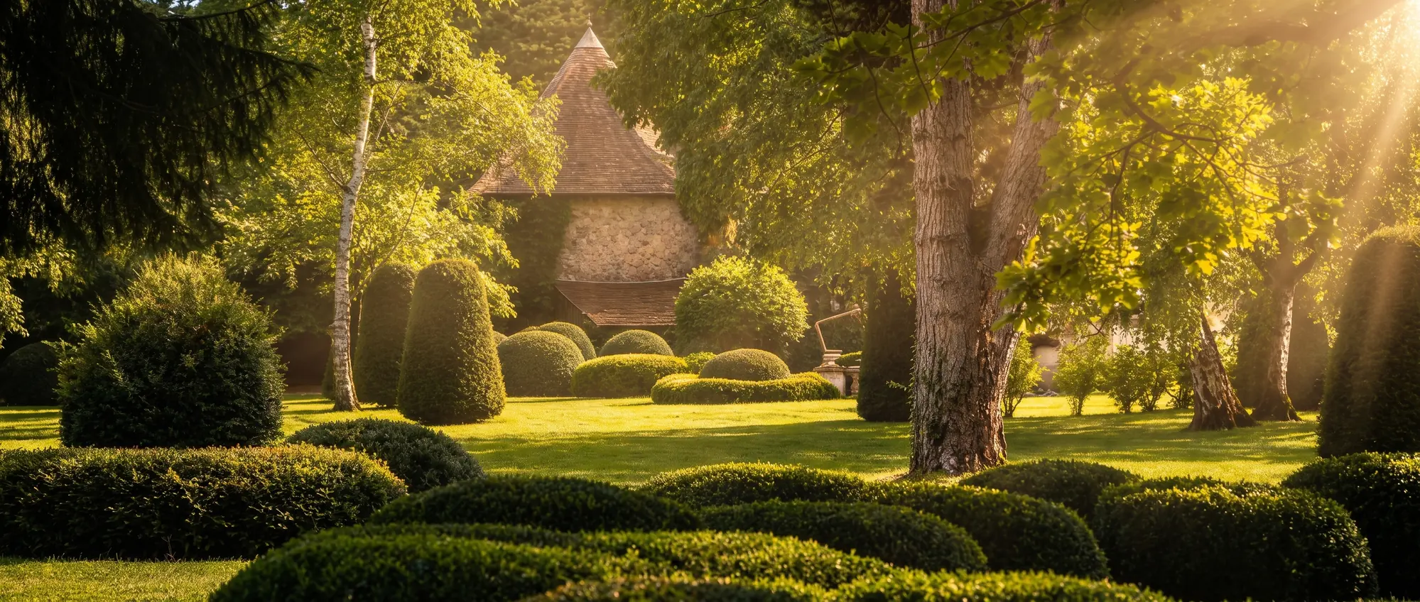 Panoramaaufnahme eines Gartenwegs mit Pavillon