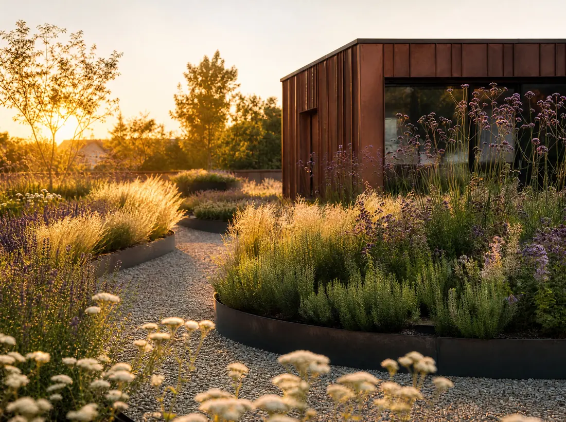Modernes Gartenhaus mit Staudenbeet und Kiesweg