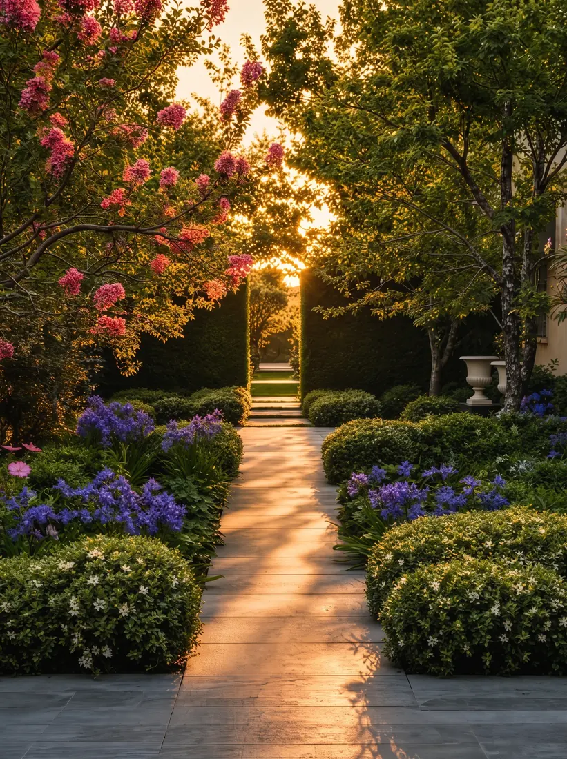 Blühender Gartenweg mit Rosentor